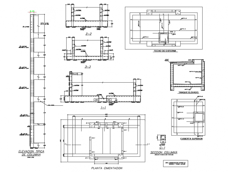 Building construction details with water tank and column dwg file
