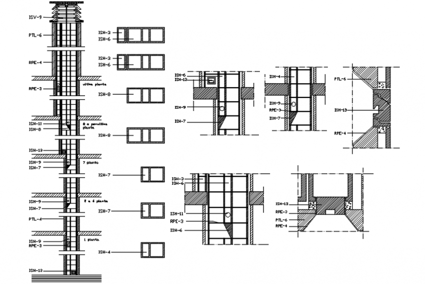 Building cut constructive section and structure details dwg file