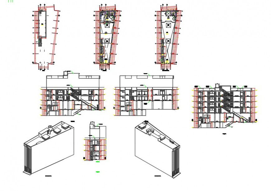 Building detail plan, elevation and section 2d view layout file in dwg format