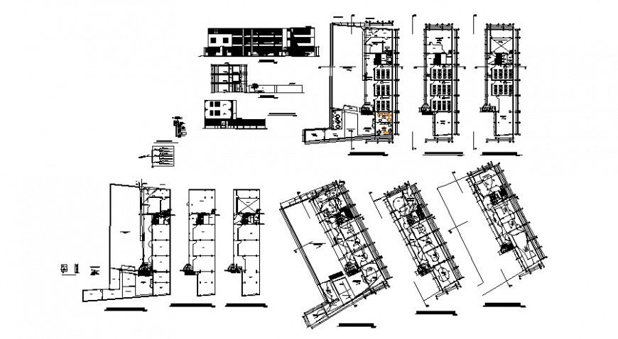 Building drawing elevation plan and a section with electrical installation dwg file