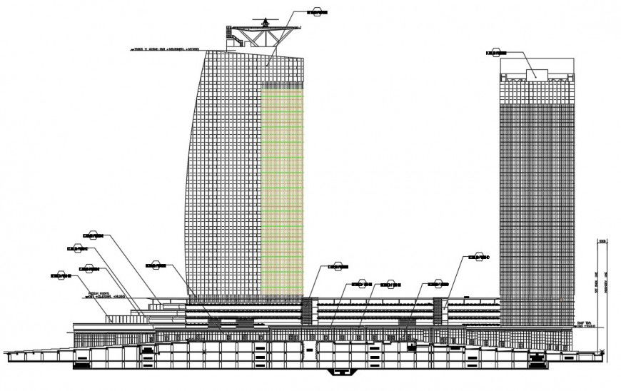 Building elevation with emergency lending terrace detail