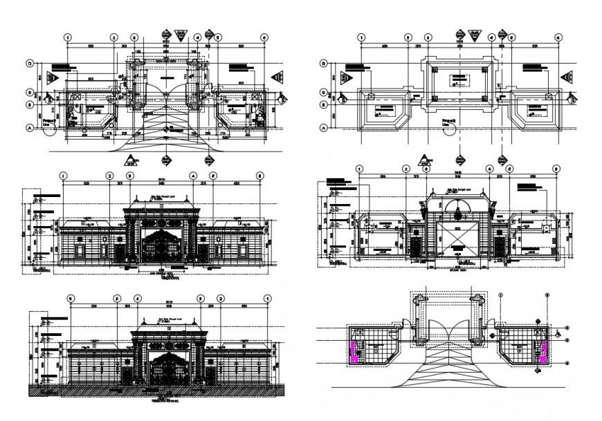 Building entrance gate with guard house detail 2d view elevation and plan autocad file