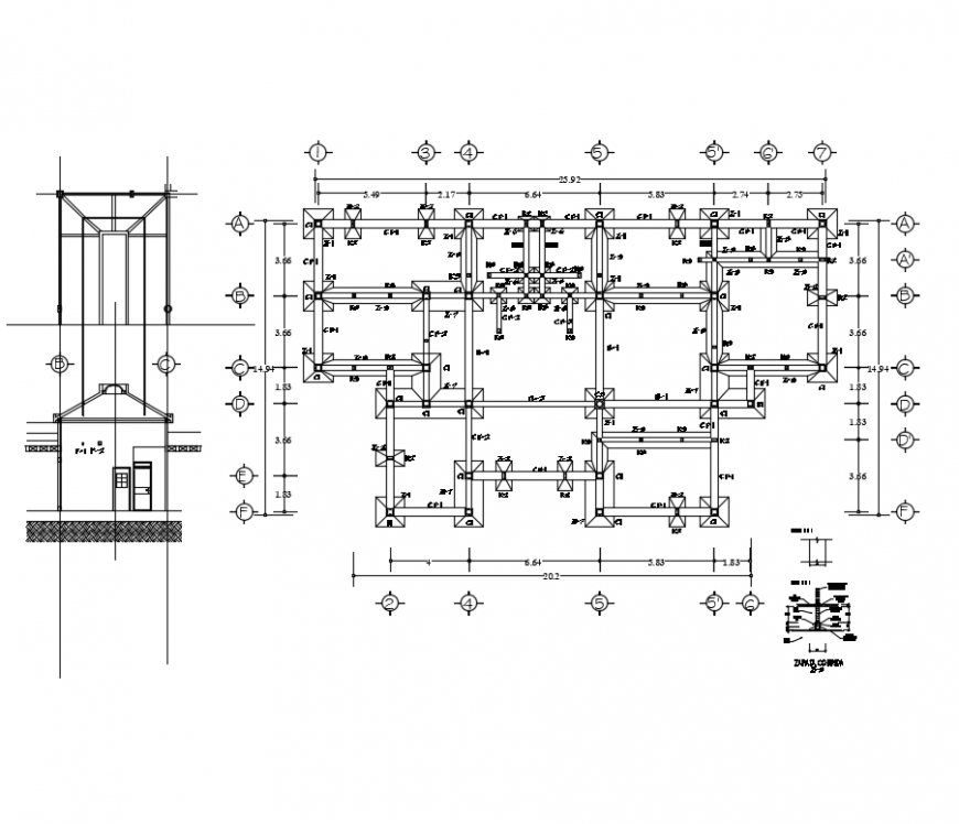 Building section facade with technical specifications dwg file