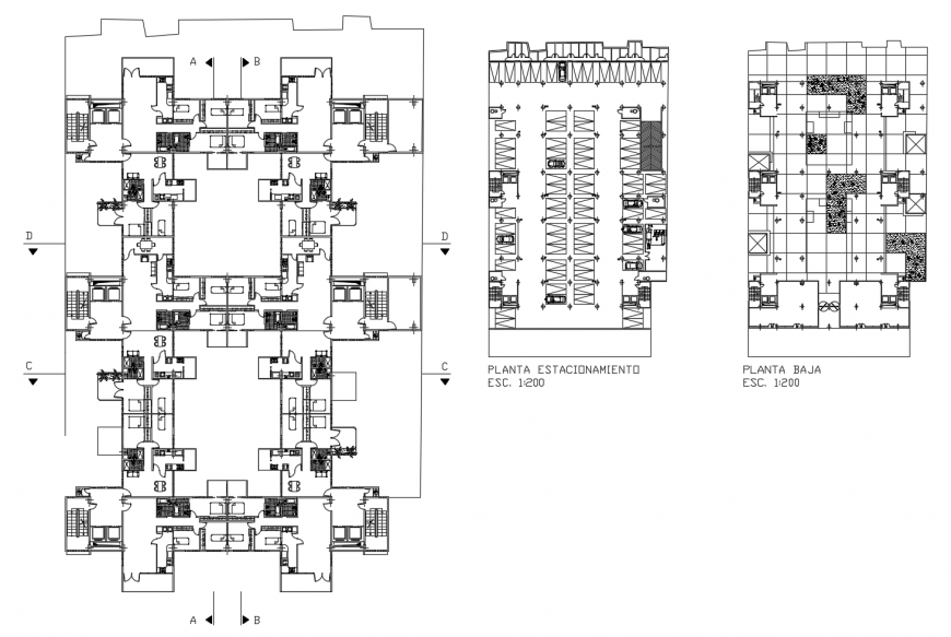 Building units detail 2d view working plan and parking area dwg file
