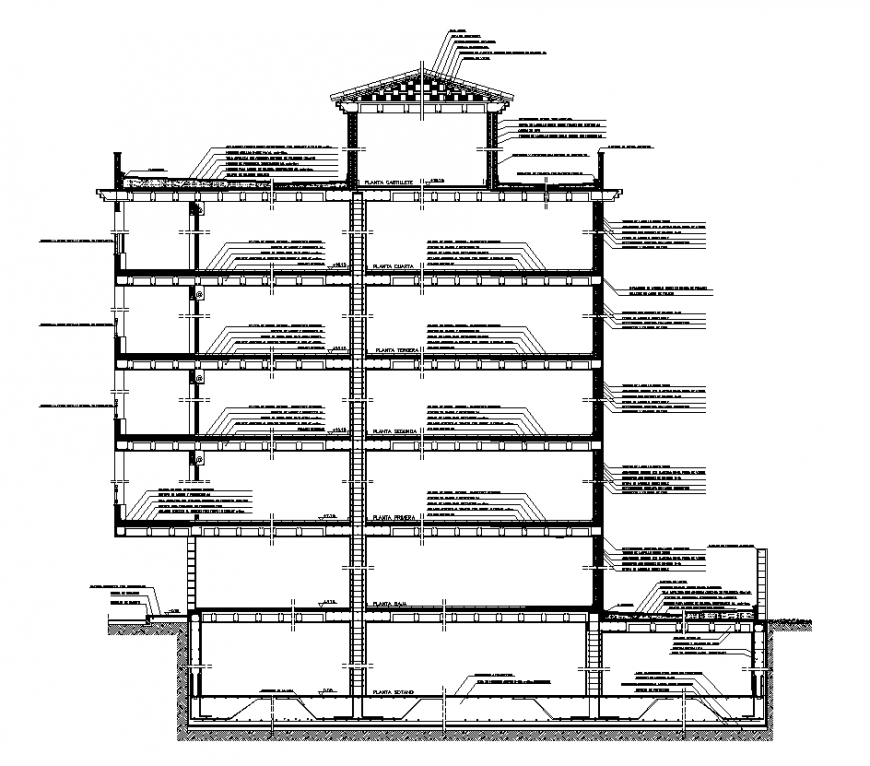 Building wall section and roof structure layout dwg file