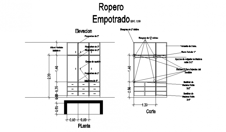 Built-in Wardrobe DWG Drawing Showing Plan, Elevation, and Sections