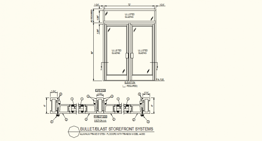 Bullet blast store door front detail elevation and plan dwg file