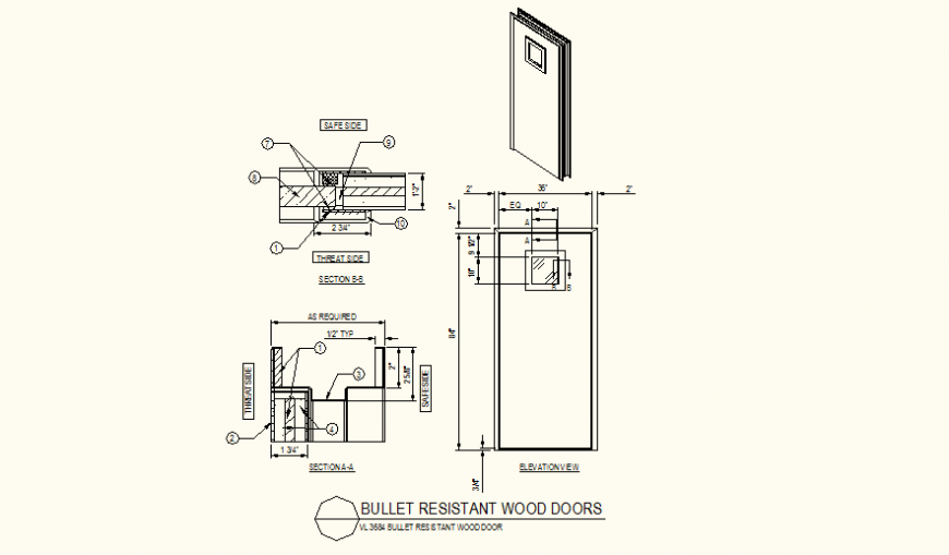 Bullet proof glass door detail plan and section dwg file