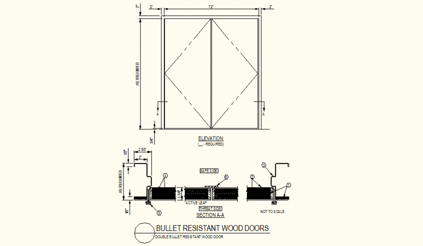 Bullet resistant door front elevation detail plan dwg file