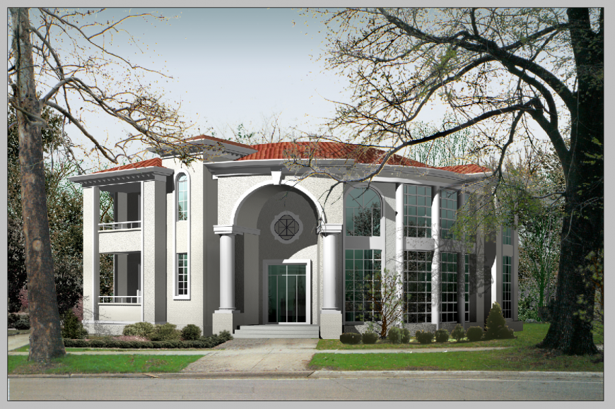 Bungalow housing residential building elevation detail 3d model Photoshop file