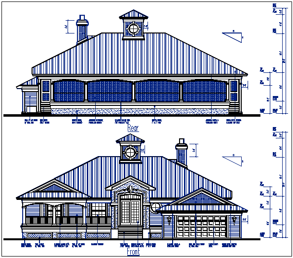 bungalow elevation plan with dimension view detail dwg file