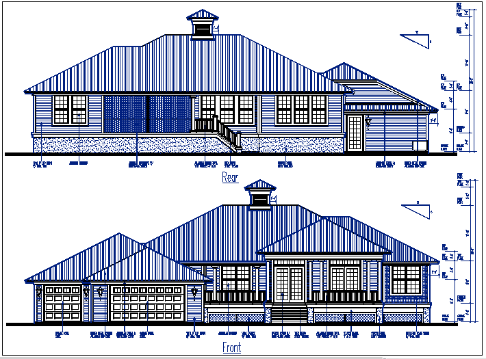 bungalow plan elevation view detail dwg file