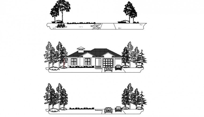 Bungalow 2d front elevation detail with road detail dwg file