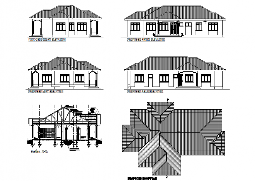 Bungalow all side sectional elevation detail dwg file