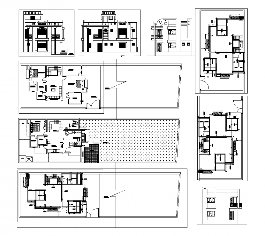 Bungalow building structure detail 2d view plan and elevation layout file