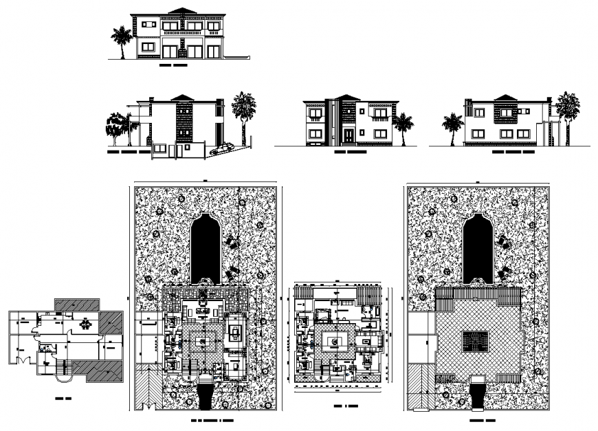 Bungalow building structure detail plan and elevation 2d view dwg file