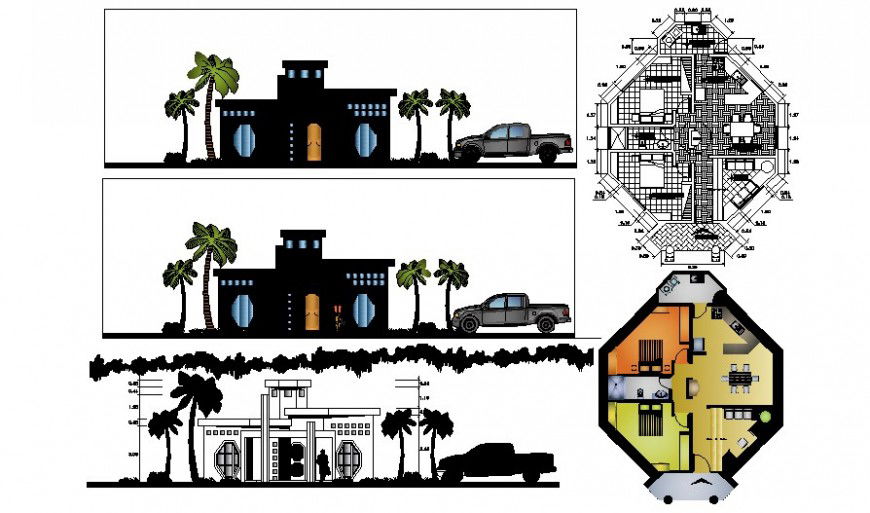 Bungalow detail drawing elevation and floor plan autocad file