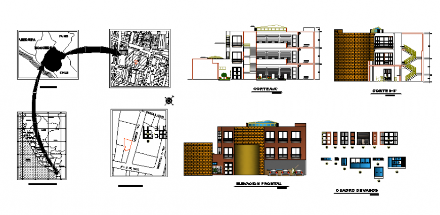 Bungalow detail location, site plan and elevation in dwg file.