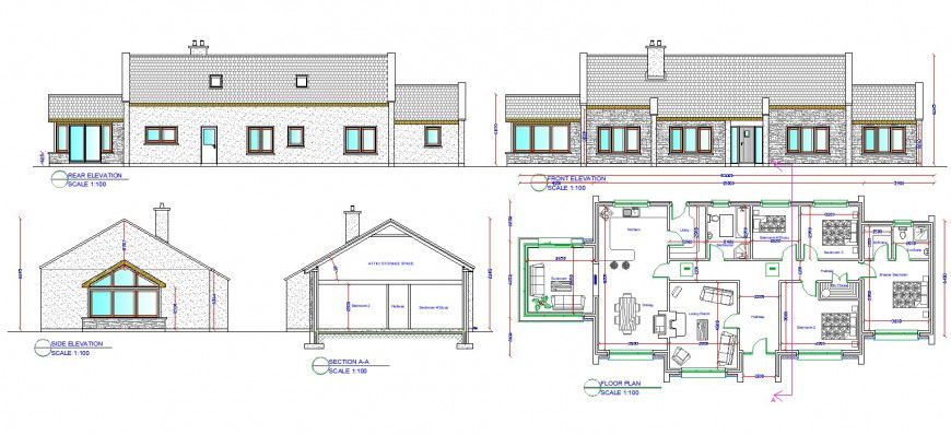 Bungalow detail plan, elevation and section layout file