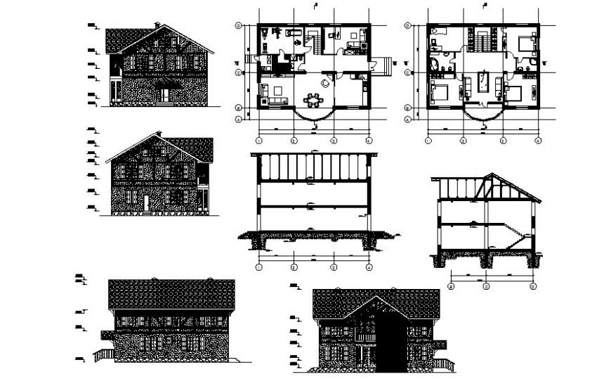Bungalow detail plan elevation and section drawing in autoca