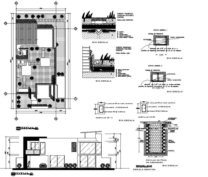 Bungalow drawing with landscaping in dwg file.