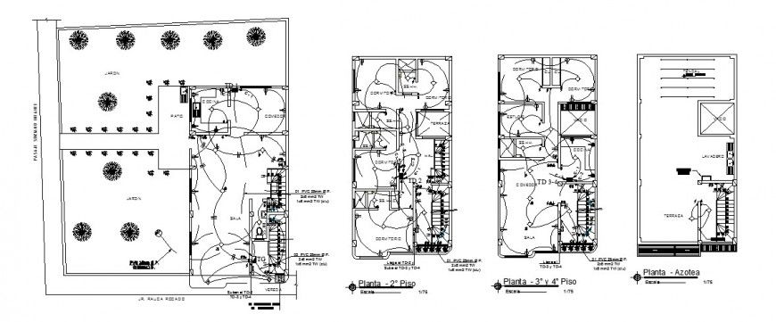 Bungalow electrical layout plan detail drawing in dwg AutoCAD file.