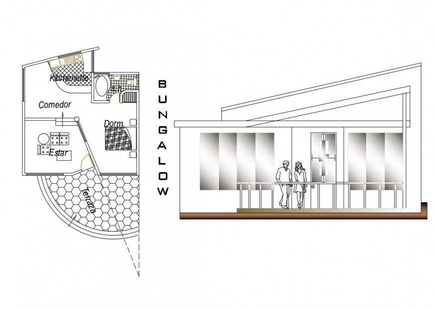 Bungalow elevation and plan cad drawing details dwg file
