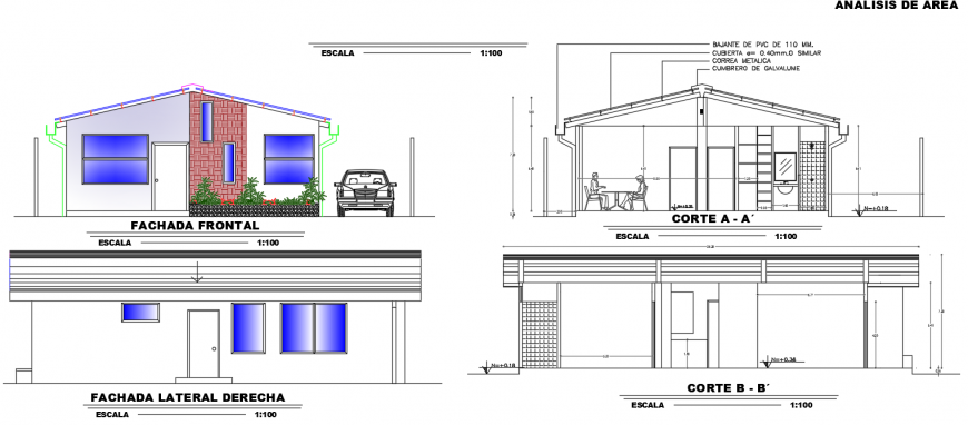 Bungalow elevation and sectional detail dwg file