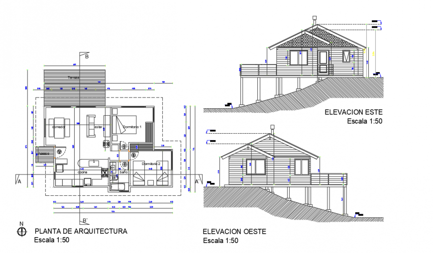 Bungalow elevation and top view layout plan dwg file