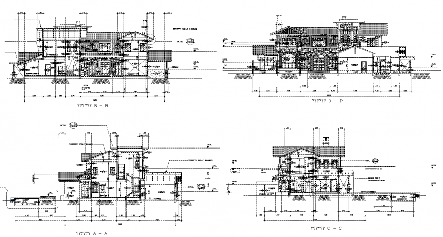 Bungalow elevations drawing in dwg AutoCAD file.