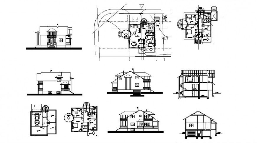 Bungalow floor plan and section elevation drawing in dwg file.