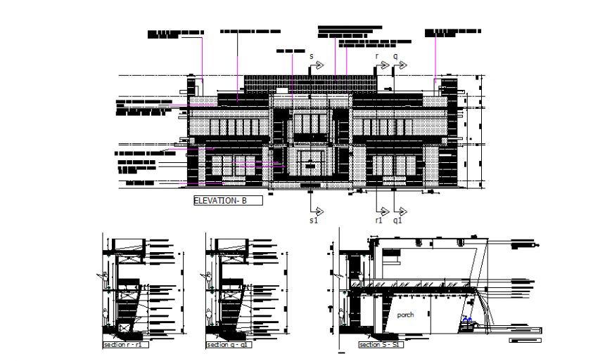 Bungalow front elevation and façade details in dwg file.