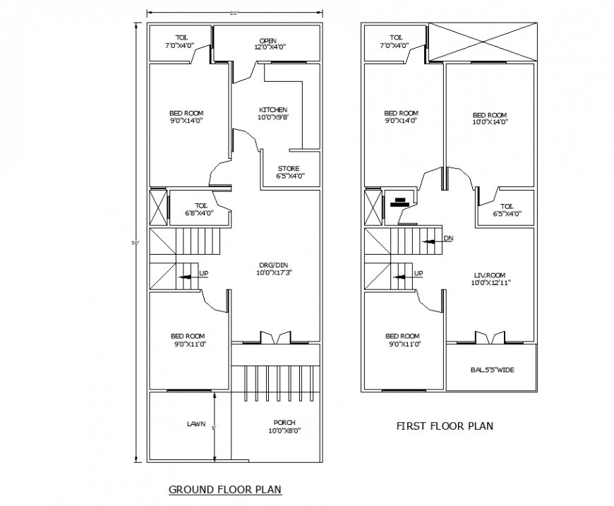 Bungalow ground floor and first floor architectural layout drawing in dwg AutoCAD file.