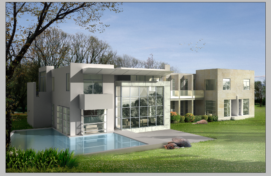 Bungalow layout detail 3d model elevation photoshop file