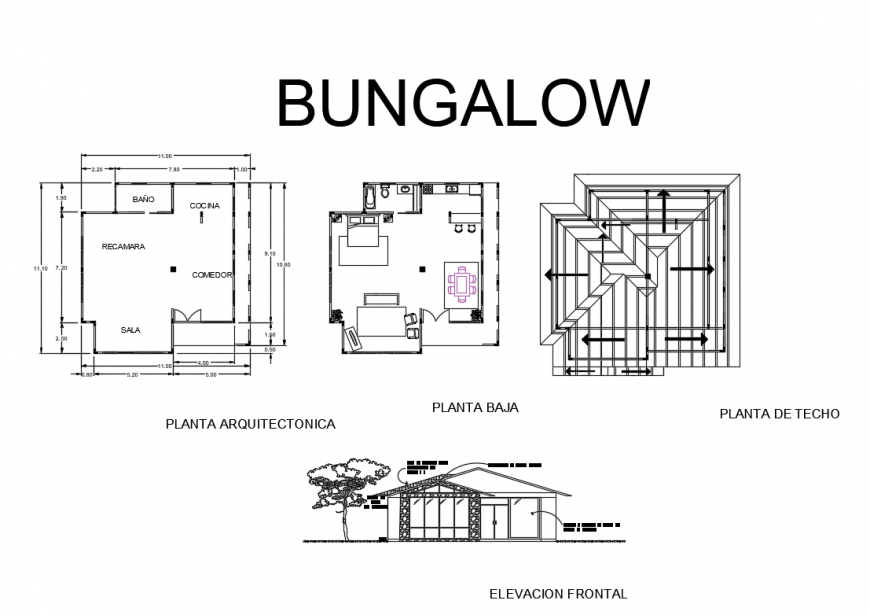 Bungalow main elevation, cover plan, layout plan cad drawing details dwg file