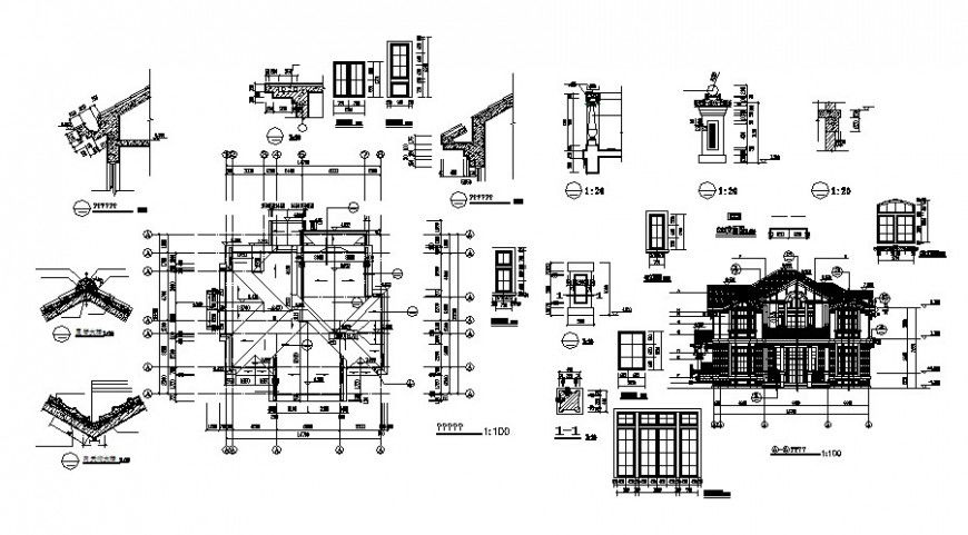 Bungalow main elevation, doors and windows and structure details dwg file