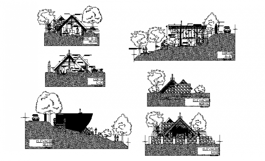 Bungalow on mountain all sided elevation and sectional details dwg file