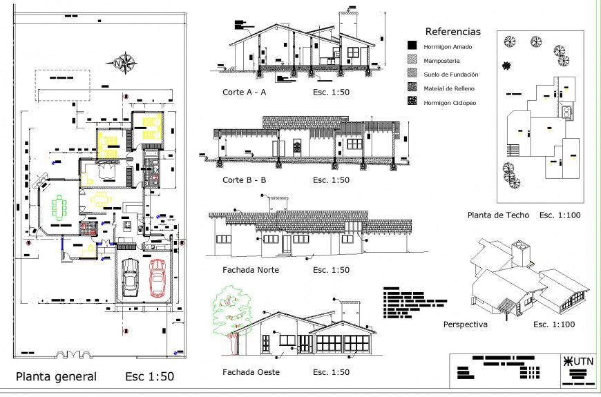 Bungalow plan, elevation and section layout file