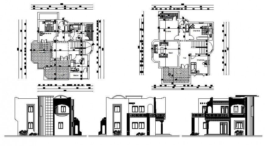 Bungalow plan and elevation 2d drawing in autocad