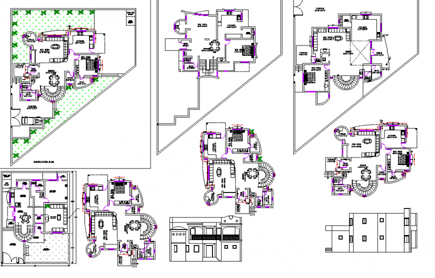 Bungalow plan and elevation detail dwg file