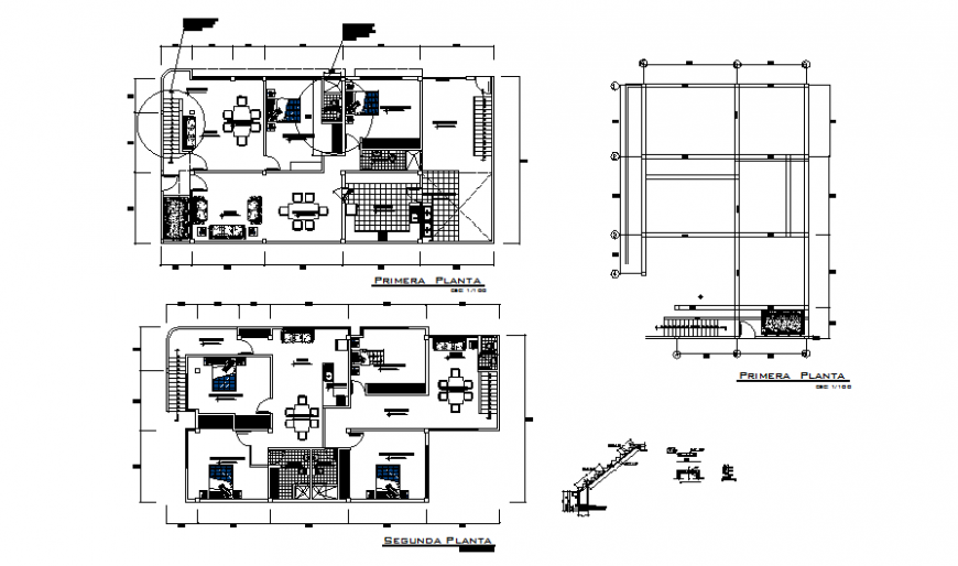Bungalow plan and staircase detail dwg file