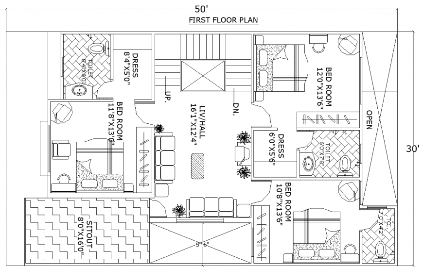 Bungalow plan drawing with furniture in dwg file.