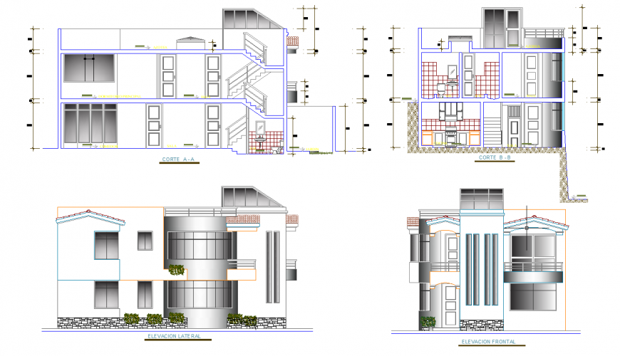 Bungalow section and elevation drawing in dwg file.