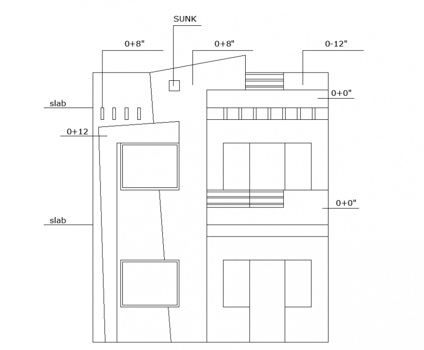Bungalow top floor elevation drawing in dwg AutoCAD file.