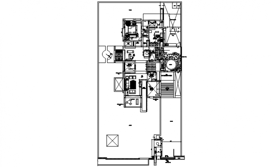 Bungalow with three bedroom layout plan with furniture cad drawing details dwg file