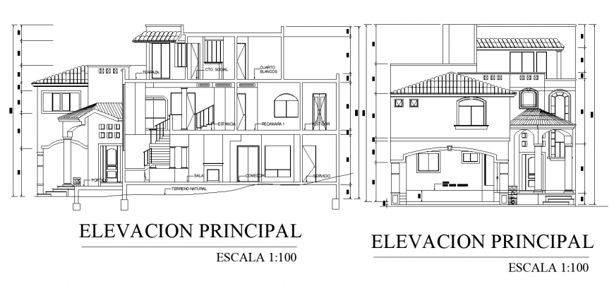 Bungalow with traditional elevation and section drawing in dwg file.