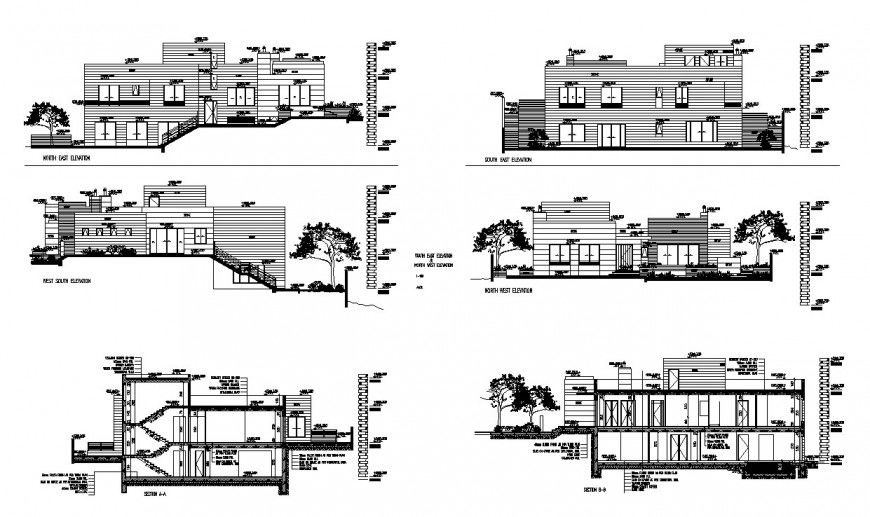 Bungalows different axis elevation and section view in auto cad file