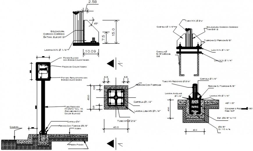 Bus stop pole section, installation and construction details dwg file
