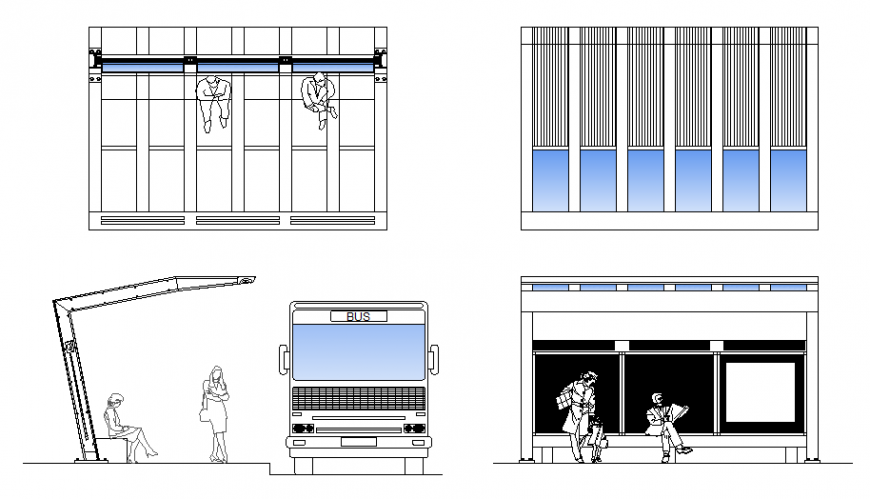 Bus stop shelter elevation and drawing details dwg file