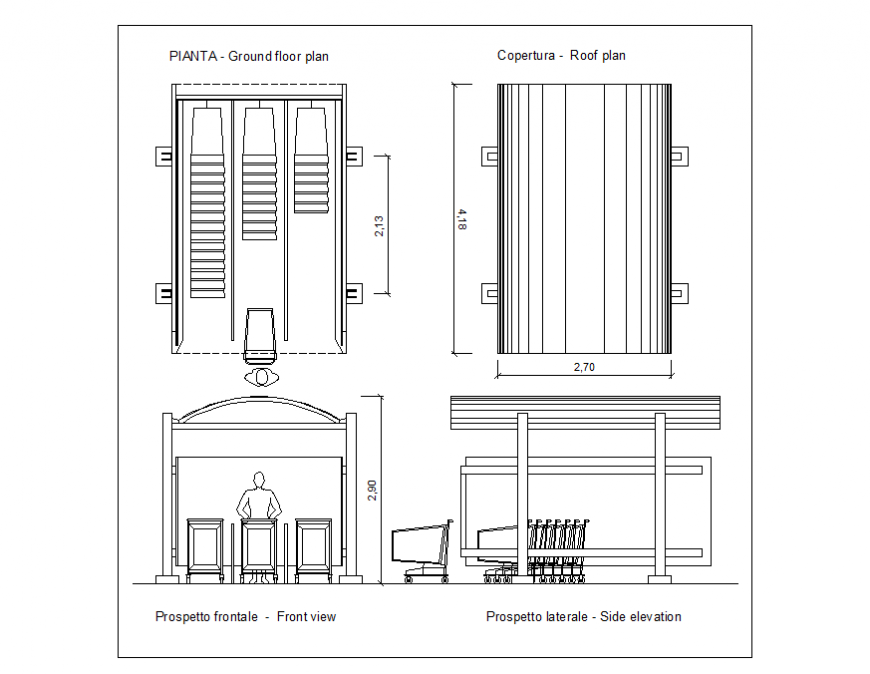 Bus stop shelter front, side elevation with ground and roof plan dwg file